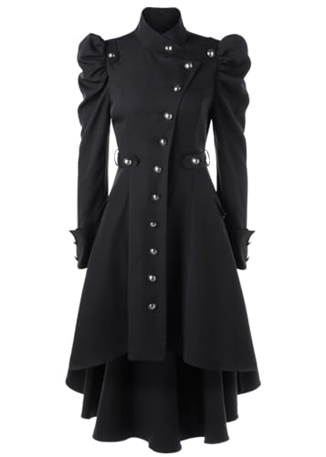 Nihsatin Vintage Womens Steampunk Victorian Swallow Tail Long Trench Jacket Black