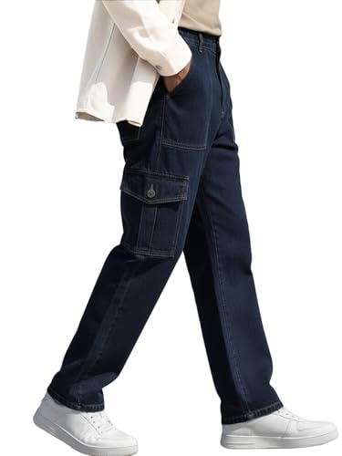 Image of Urbano Fashion Men's Loose Mid Rise Baggy Fit Cargo Jeans with 6 Pockets Non-Stretchable