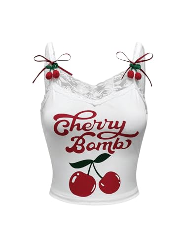 SHENHE Women's Lace Trim Cute Cherry Print Spaghetti Strap Kawaii Top Crop Cami Tank