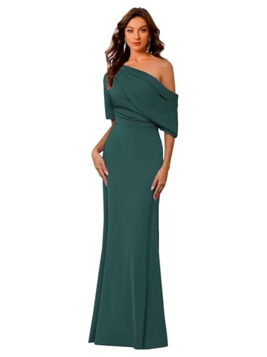 Image of Mermaid Satin Mother of The Bride Dresses for Women Elegant One Shoulder Ruffle Long Formal Evening Gown