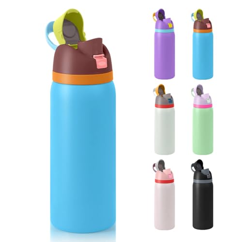 Reviews de Frascos térmicos para bebida para comprar hoy. 45 Termo Acero Inoxidable (32OZ/946ML), Dos Maneras de Beber, Térmica de Botella con Pajita para Deportes y Viajes, Doble Pared y Tapa Hermética Antigoteo, con Asas (Azul)