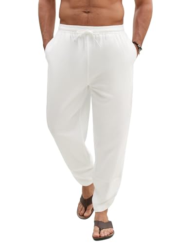 Lonya Pantalones Hombre Verano Algodón Holgados Ligeros Pantalon Casuales Deporte Vacaciones Cómodos Playa Yoga Pantalón con Cintura Elástica Blanco,L