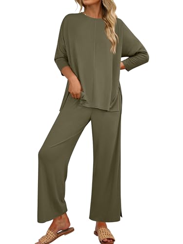 Image of ANRABESS Women's 2 Piece Outfits 3/4 Sleeve Loose Tops Wide leg Pants Lounge Pajama Set Casual Travel Loungewear Clothes Army Green Medium