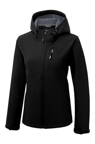 FARVALUE Womens Lightweight Softshell Jacket Hooded Waterproof Windproof Coat Fleece Lined Insulated Winbreaker Hiking Black Small