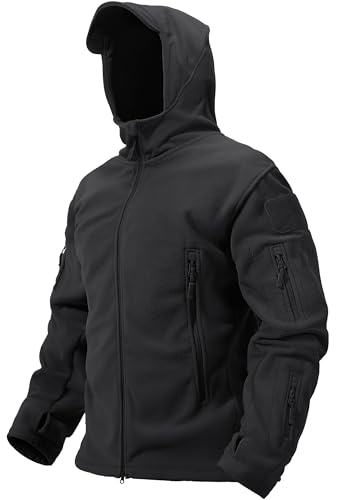 TACVASEN Herren Fleecejacke Military Outdoor Winddichte Jacke mit Kapuze- Gr. M, Schwarz