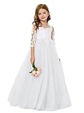 MCieloLuna Girls Floor Long Formal Dresses White Lace Applique Flower Girls Dress Wedding Party Bridesmaid O-Neck First Communion Pageant Quinceanera Ball Gowns Tutu Tulle Dress White 08