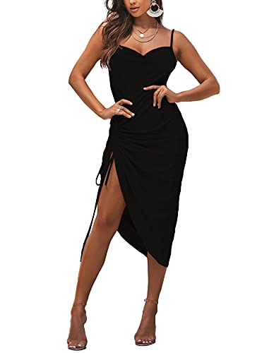 Image of LYANER Women's Satin Spaghetti Straps Cowl Neck Sexy Ruch Cocktail Midi Dresses