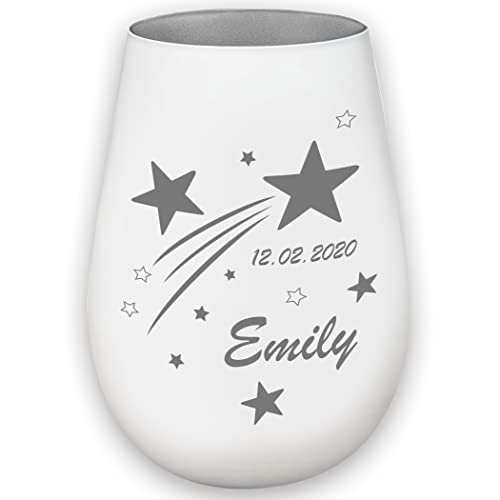 Sternenkind Trauerlicht Sternschnuppe - weiß/Silber - Gedenklicht Teelichtglas personalisierbar Erinnerung Trauergeschenk mit Name und Datum