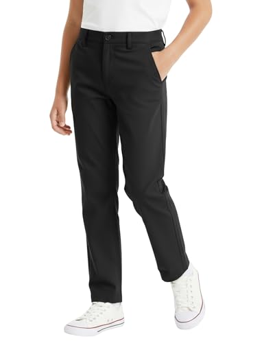 PATPAT Boys Straight Twill Chino Pants Black Size 9-10 Years Kids School Uniform Youth Elastic Waist Flat Front Zip & Button Closure Pants