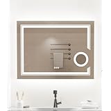 LUVODI 照明付きLEDバスルームミラー:81.3 cmx61.0 cm 大型壁掛けバニティミラー バックライトとフロントライト付き - モダンな長方形調光メイクアップミラー 3倍拡大鏡付き 曇り止め スマートタッチ