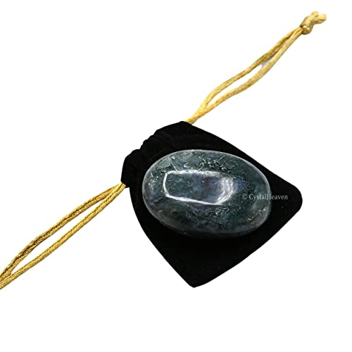 Image of Crystal Heaven Certified Moss Agate Crystal Palm Pebbles Stones for Anxiety Stress Relief Massage - AAA Grade Original Healing Gemstone Agate Palm Stone for Yoga Meditation Spiritual Reiki Feng Shui
