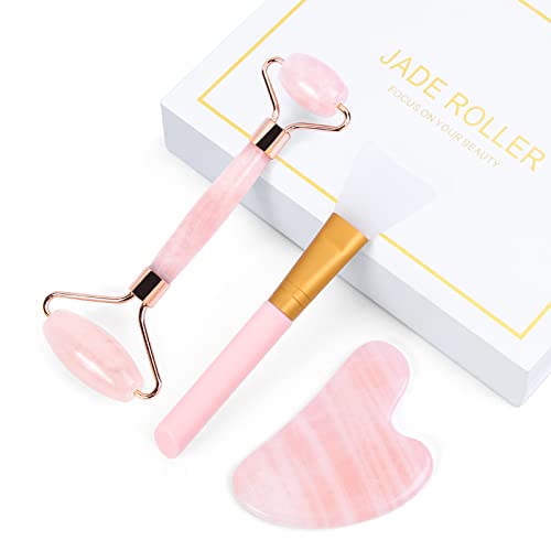 MAANGE Ice Roller, Jade Roller for Face Gua Sha and Facial Mask Brush Set Facial Roller for Face, Anti Aging, Eye Puffiness Wrinkles 3 pcs Facial Tools Pink