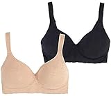 Carole Hochman Seamless Comfort Bra Wire Free Molded Cups Comfort Straps (2 Pack) (Medium, Black - Nude)