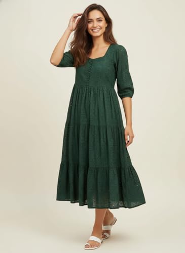 Image of Her Couture Cotton Midi Schiffli Embroidered Dress with Attached Belt