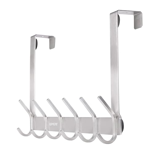 YUMORE Over The Door Hooks, SUS304 Stainless Steel Heavy Duty Door Hanger for Coats Robes Hats Clothes Towels, Hanging Towel Rack Organizer, Easy Install Space Saving Bathroom Hooks, Brushed Finish