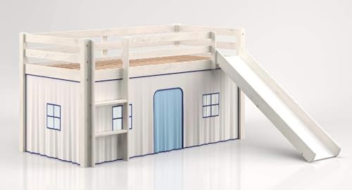 Vep Home - Cama Alta Infantil con Tobogán y Escalera - Madera de Pino Natural - Cama Infantil con Barras de Protección - Medidas 98x198x108,5 cm - Somier Incluido - Color Blanco Decapé
