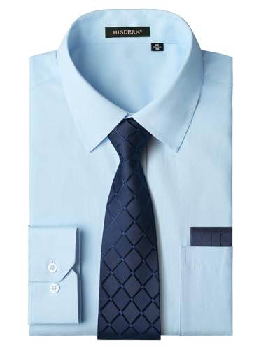 Image of HISDERN Mens Dress Shirt with Tie Pocket Square Set Classic Button Down Shirt Matching Tie Long Sleeve Shirts