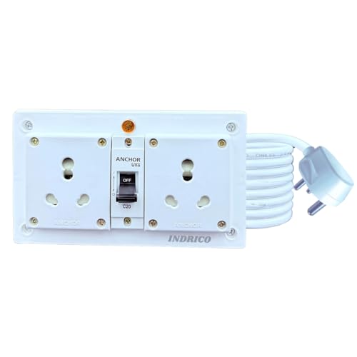 Image of INDRICO 16A Electric Multi Outlet Extension Board Box with MCB for Heavy Duty PVC White Pack of 1 (1.5 MM 2000 Watts, 2 Meter Cable)