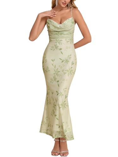Women's Summer Floral Bodycon Maxi Dress Spaghetti Strap Sleeveless Backless Mesh Long Formal Wedding Guest Dresses