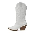 Soda Orville ~ Women Western Cowboy Stitched Pointe Toe Heel Ankle Mid Shaft Fashion Boots (WHITE PU, us_footwear_size_system, adult, women, numeric, medium, numeric_8_point_5)
