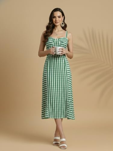 Image of Aahwan Fit and Flare Red Gingham Check Shoulder Ties Slim Fit Midi Cami Dress for Women's & Girl's