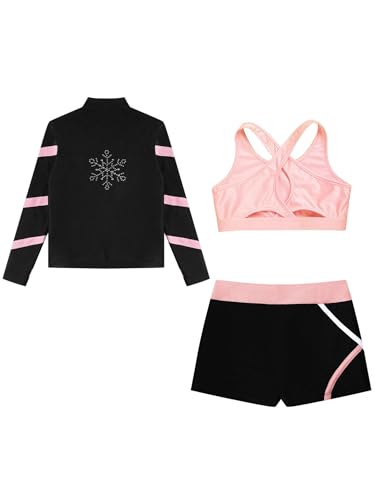 Hansber Kids Girls 3Pcs Dance Sports Outfits Crop Top Booty Shorts with Long Sleeve Jacket Gymnastics Yoga Active Set4