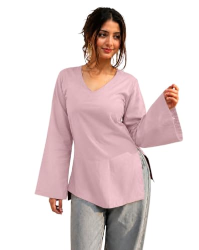 Image of Women's Cotton Short Kurti Black Solid Plain V Neck Full Bell Sleeve Casual Stylish Short Kurta for Women for Jeans Daily Girl Top
