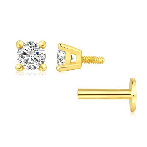 925 Sterling Silver Gold Flat Back Stud Earrings for Women/Girls, 4mm Small Cubic