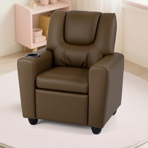 Image of Kids Recliner, Toddler Lounge Chair w /Cup Holder, Wide Armrest, Kids Sofa w /Adjustable Footrest, Comfy Toddler Recliner Chair for for Boys & Girls 3 + (PU, Brown)