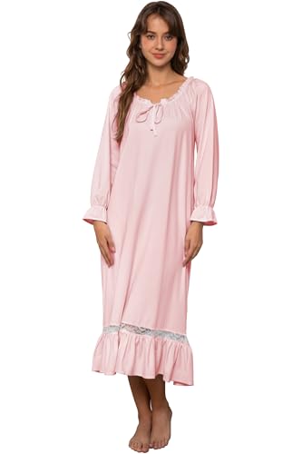 Nanxson Damen Baumwolle Nachthemd Langarm Nachtwäsche Vintage Viktorianisch Nachtkleid Schlafanzug (M, Rosa)