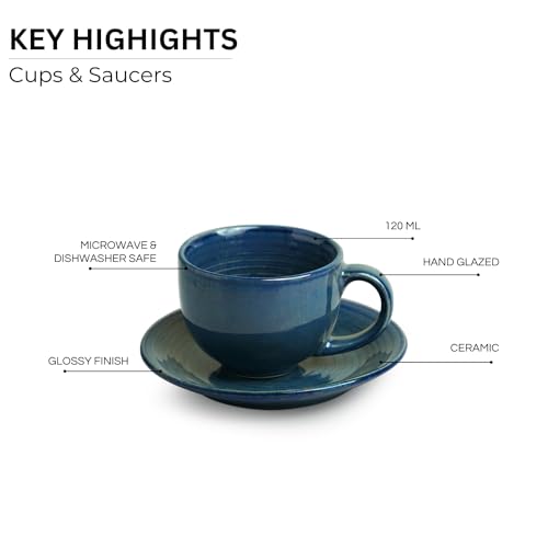 Image of ExclusiveLane 'Ocean Ripples' Ceramic Tea Cup and Saucer Set of 6 (Studio Pottery, 120 ml, Blue, Microwave Safe) |Ceramic Cup Saucer Set of 6 for Tea Cups with Saucer Chai Cup Coffee Cup with Saucers