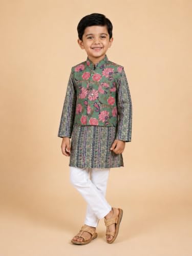 Image of The Mom Store Boys Printed Cotton Kurta Pajama Set With Jacket | Soft And Comfortable Ethnic Wear For Baby /Kids Boys | Full Sleeves Kurta Pyjama Set | Traditional Indian Outfit