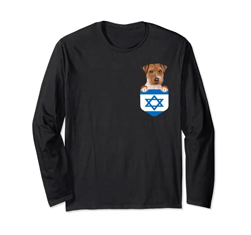 Israel Flag Russell Terrier Dog In Pocket Long Sleeve T-Shirt, Black