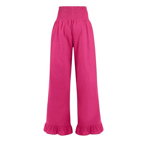 Image of Palazzo Pants for Women Linen Smocked Elastic Waist Ruffle Wide Leg Pants Summer Beach Flowy Boho Pant with Pockets