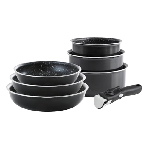 QDESIGN - Batería de 3 sartenes y 3 sartenes de aluminio antiadherente, con mango extraíble, para todo tipo de fuegos, incluida inducción, apto para lavavajillas y nevera, color negro, apilables 16/18