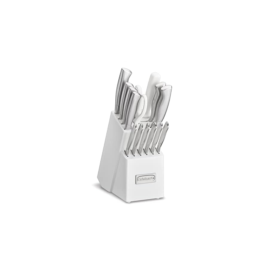 Cuisinart Block Knife Set, 15pc Cutlery Knife Set with Steel Blades for Precise Cutting, Lightweight, Stainless Steel Durable & Dishwasher Safe, White