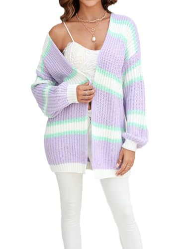 Mywinway Striped Cardigan Sweaters for Women Fall Long Sleeve Open Front Causal Loose Colorful Knit Sweater Top Coats