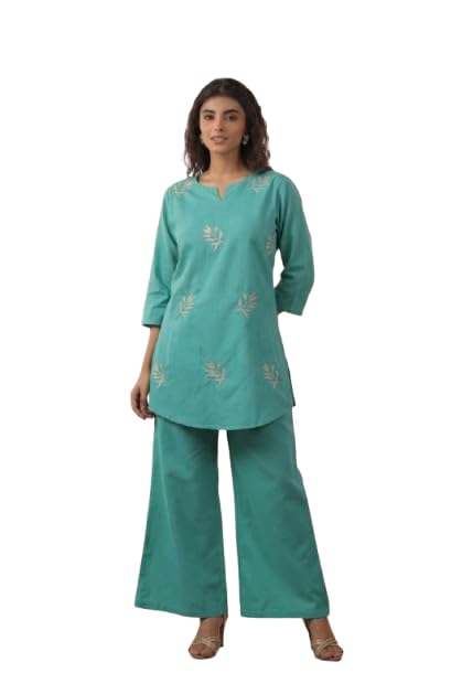 jisora Women's Teal Embroidery Cotton Flex Co-ord Set-picture-23