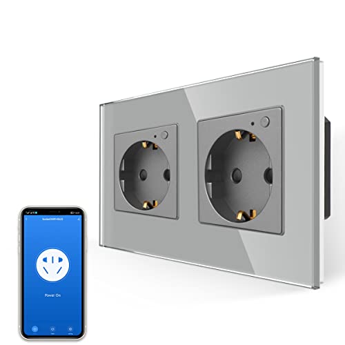 JIMEIDA Doppelsteckdose Unterputz in Grau, 16Amp Wlan Glas Steckdose Kompatibel mit Amazon Alexa Google Home, 2 Fach Intelligente Schuko Steckdose, Nur 2.4 GHz Cover