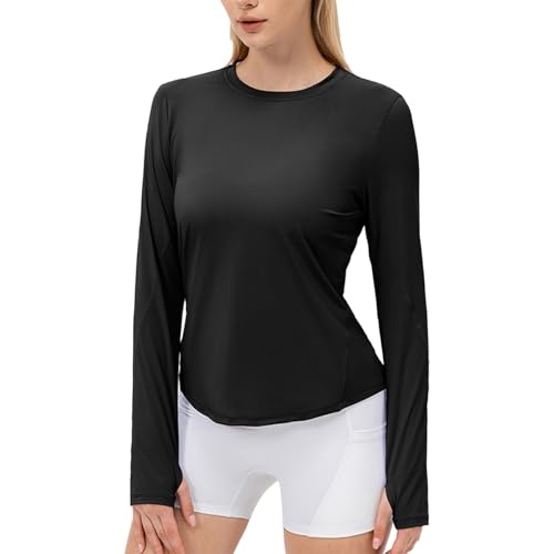 Winnrchan Quick Dry Ice Silk Women's Long Sleeve UV Protection Loose Breathable Shirt for Sports Running Gym Workout Activities Black Small