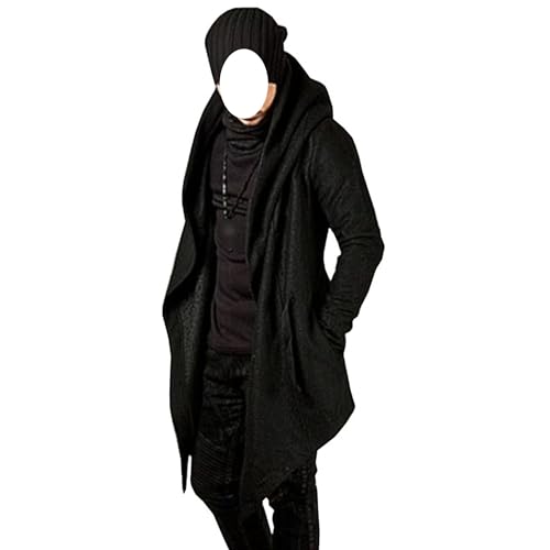 Men's Long Hooded Cardigan Ruffle Asymmetric Hem Open Front Cardigans Shawl Collar Gothic Cloak with Drape4