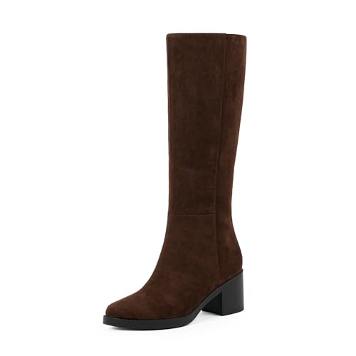 Easyfox Knee High Boots Women Chunky Heel Suede Brown Boots for Women Low Heeled Tall Long Fall Chocolate Boot Round Toe Dress Block Heel Knee High Boot Size 7.5
