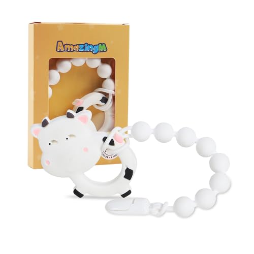 Baby Food Grade Silicone Teether Toy with One Piece Design Pacifier Clip Holder,Teething Pain Relief Toys Gift Set for 3 Months+ Boys and Girls,Freezer Safe,BPA Free. (Cow)