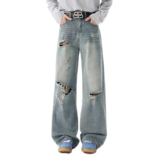 Men's Straight Jeans Vintage Distressed Casual Wide-Leg Ripped Denim Trousers with Pockets