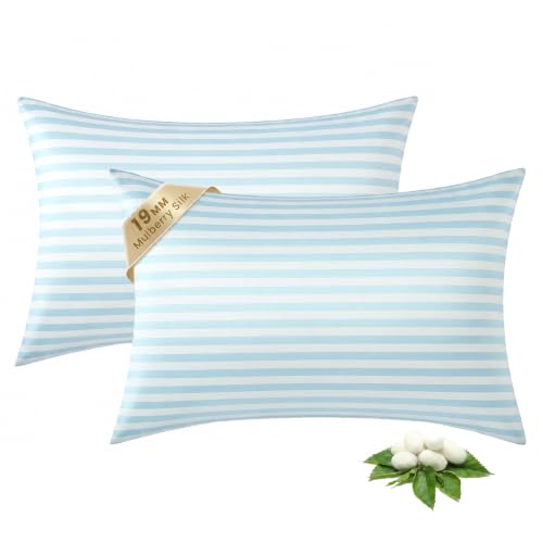 Image of THXSILK Set of 2 Mulberry Silk Pillowcase for Hair and Skin, Cooling Bed Pillow Cover with Hidden Zipper, Soft Smooth Print Silk Pillowcase Gifts for Women Men (Queen 20 inchx30 inch, Blue Stripes)
