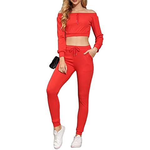 Women Sexy Long Sleeve Two Pieces Outfits Off Shoulder Crop Top Pants Sets Jogger Sets with Pockets, Red, X-Large Cover