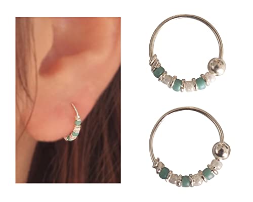Pair Of Very Small 10Mm Sterling Silver Turquoise & White Beaded Hoops For Helix, Cartilage, 2Nd Ear Piercing | Handmade Dainty Hoops #TOP27