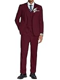 COOFANDY Men's 3 Piece Linen Suits Set Regular Fit Casual Lightweight Blazer Jacket Dress Vest and Pants Wine Red
