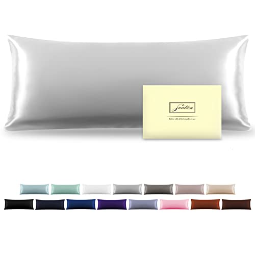 Silk Body Pillowcase Mulberry Silk Pillow Cases with Zipper Soft Breathable Smooth Cooling 20x54 inches Pillowcase for Sleep (Silver Grey,20"X 54",1Pcs)