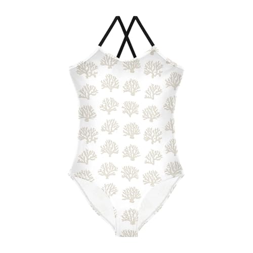 senya Girls Swimsuits One-Piece Swimwear Tie Bathing Suit Beach Summer Round Neck 7-8T Beige Coral on White Pattern